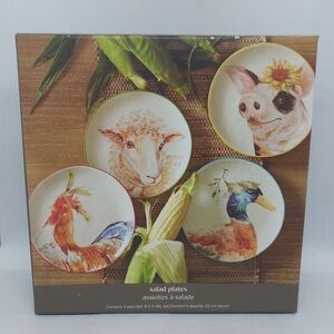 Pier 1 Imports Salad Plates 8.5" Animal Design Hand Painted Stoneware Set Of 4
